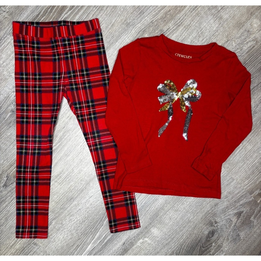 J.Crew Crew Cuts Girls Red Long‎ Sleeve Bow Sequin Top Gingham Pants Sz 4/5